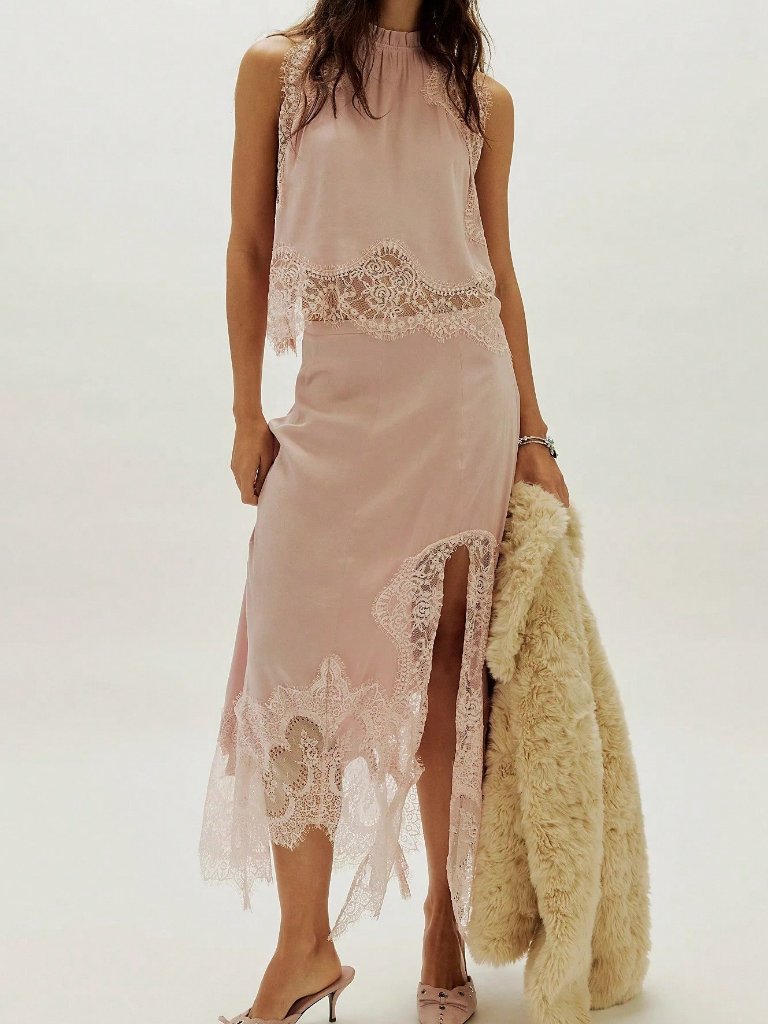 Pink Boho Women's Sleeveless Mock Neck Lace Patchwork Top & Slit Long Skirt Set